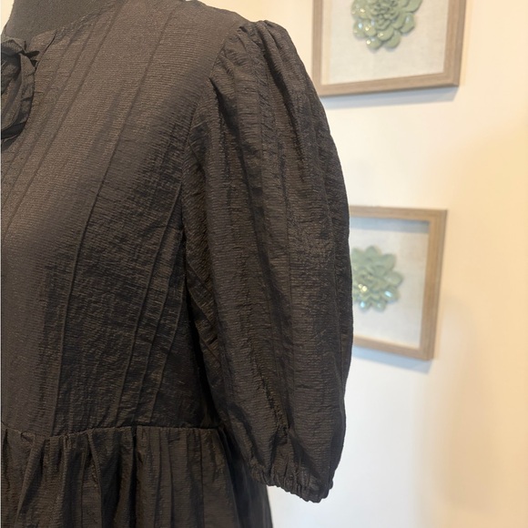 OAK + FORT Black Puff Sleeve Tie-Front Babydoll Mini Dress NWT! - Picture 12 of 16